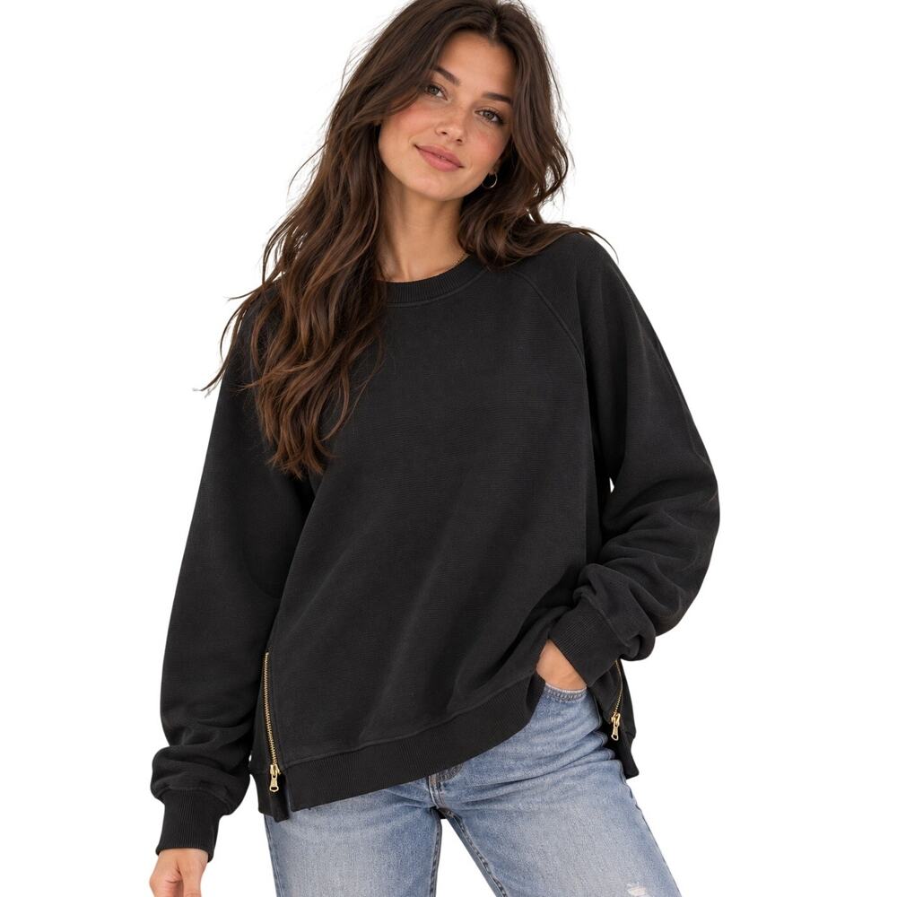 Varley Manning Sweatshirt Womens XL Black Ribbed Pullover Side Zippers Oversized